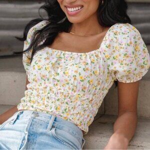 Elodie Floral Square Neck Smocked Puff Sleeve Pink Orange Crop Top medium